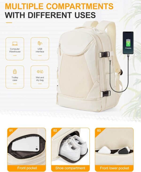 coowoz Travel Backpack for Men Women Mochilas Para Hombres Laptop Backpack Hiking Sport Gym College Backpack with Shoe Compartment Carry on Backpack Flight Approved Travel Essentials Beige - Image 2
