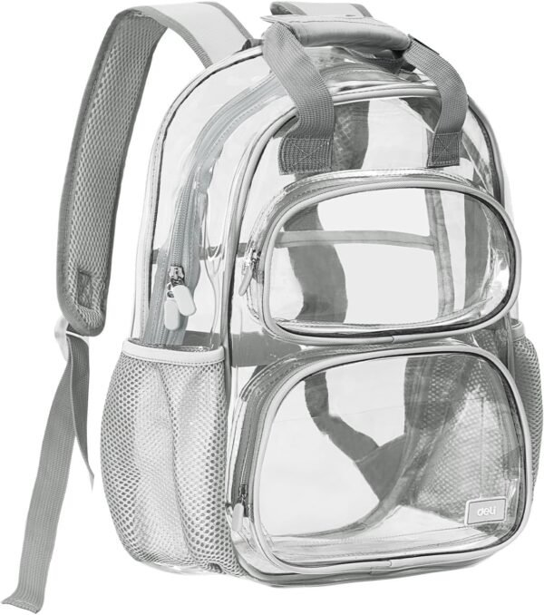 deli Clear Backpack for School, Heavy Duty PVC Transparent Bookbag for Boys and Girls, See Through Backpack for College Work Travel, Grey