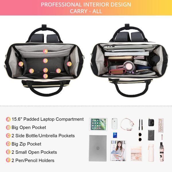 LOVEVOOK Backpack Purse for Women, Fits 15.6 Inch Laptop Backpacks with USB Port, Waterproof Travel Work Computer Business Bag, Fashion Casual Daypack Backpack, White-black - Image 2