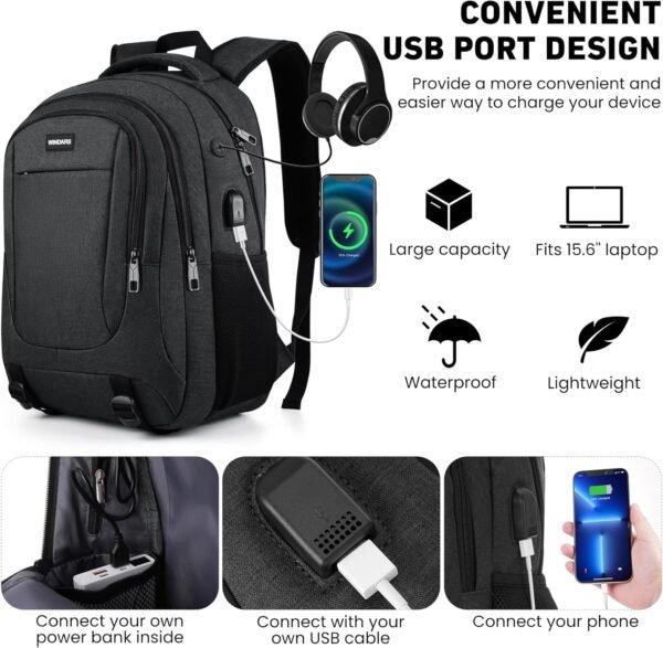 Backpack for Men and Women, School Backpacks for Teens Boys, 15.6 Inch Large College Bookbag Durable Computer Laptop Bag with USB Charger Port for Business Work Travel, Black - Image 6