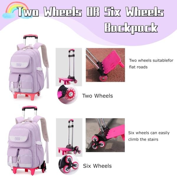 Solid Color Rolling Backpack for Girls Boys Cute Elementary school bag with wheels,Purple Trolley Bags for Travel - Image 6