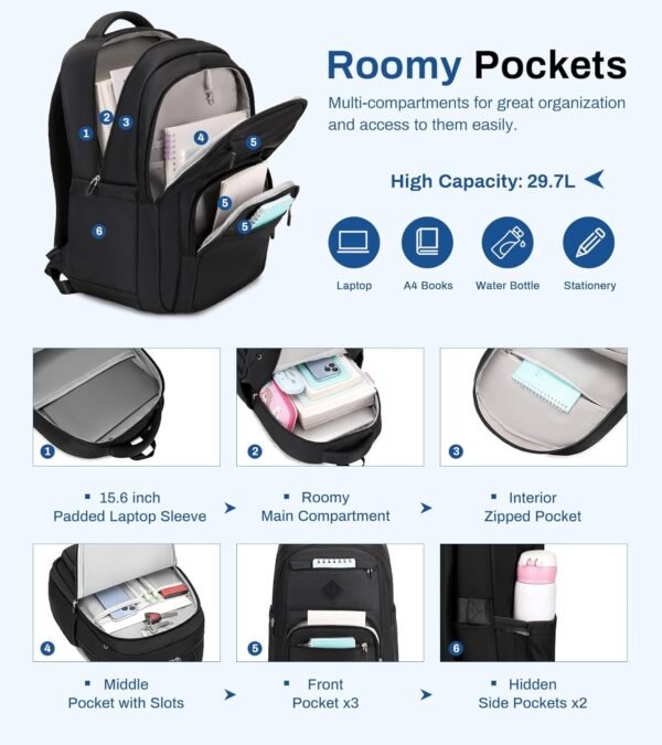 Lightweight Backpack for School, Classic College Backpack Multiple-pocket Bookbag for Teen Boys Girls Travel Backpack with Luggage Strap for Women Men, Black - Image 4