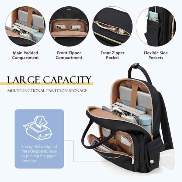 Laptop Backpack Women,15.6 Inch Teacher Backpack Laptop Bag with Laptop Compartment,Waterproof Daypack for Work Travel，Black - Image 2