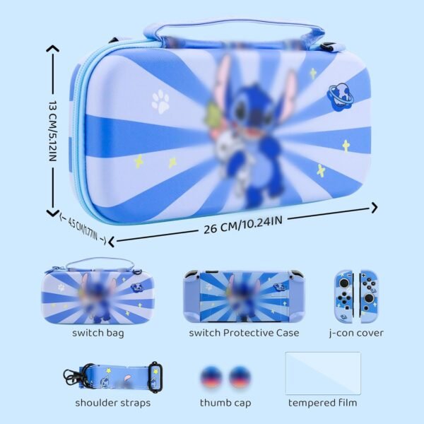 RHOTALL 8 in 1 Cute Travel Carrying Case for Nintendo Switch OLED,Hard Shell Portable Carry Case with 10 Game Card Slots,Protector Cover,Screen Protector,Strap,2 Thumb Caps for Boy Girl Kid -Blue stit - Image 2