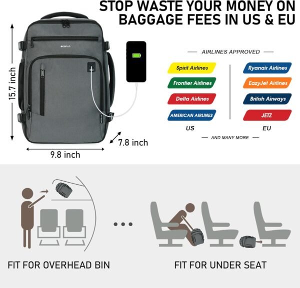 ECOHUB 16'' Travel Backpack For Women Men Airline Approved Personal Item Travel Bag Travel Essentials Laptop Backpack Casual Daypack Small Hiking Backpack Lightweight Waterproof Backpack, Grey - Image 7