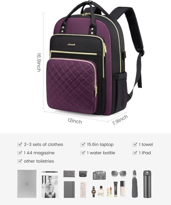 LOVEVOOK Laptop Backpack Purse for Women, 15.6" Laptop Bag for Travel with USB Port, Water Resistant Lightweight Daypacks for College Work Business, Nurse Teacher Computer Bags, Purple Black - Image 2