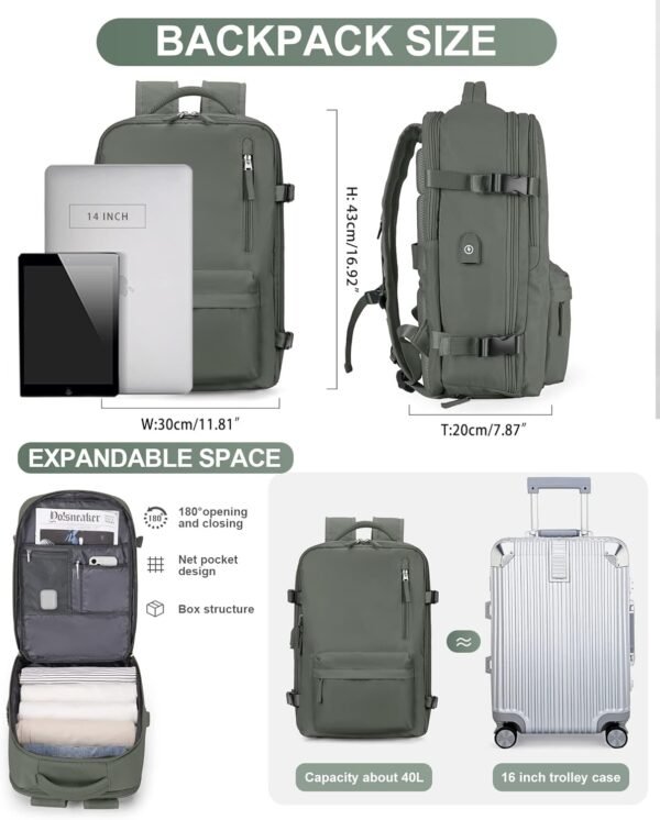 VECAVE Carry On Backpack for Women,Large Travel Backpack Flight Approved,Waterproof 17 Inch Laptop Backpack Business Work Backpacks Men Mochila De Viaje DarkGreen - Image 7