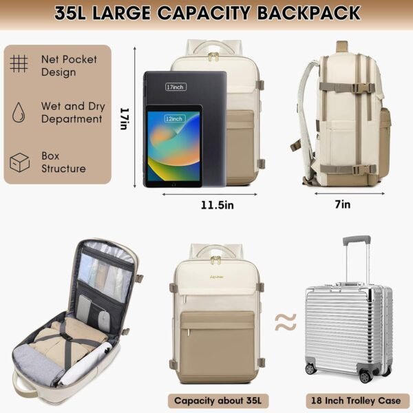 Large Travel Backpack for Women - 17 Inch 35L Carry On Laptop Bag Flight Approved Personal Item Daypack Weekender Traveling TSA Business Bag Luggage Waterproof for Airplane with Toiletry Bag Shoe Bag - Image 3