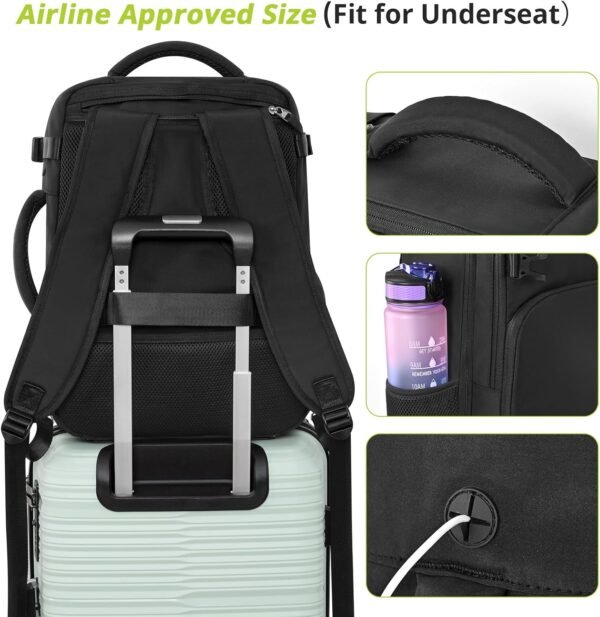 Travel Laptop Backpack, Carry On Backpack for Men Women Airline Approved, Large Waterproof College Business Work Hiking Casual Daypack Bag, Fits 16" Laptop, Black - Image 3