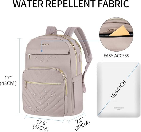 VANKEAN 15.6 Inch Laptop Backpack for Women Work Bag Fashion with USB Port, Waterproof Stylish Travel Bags Casual Daypacks for College, Business, Light Dusty Pink - Image 2
