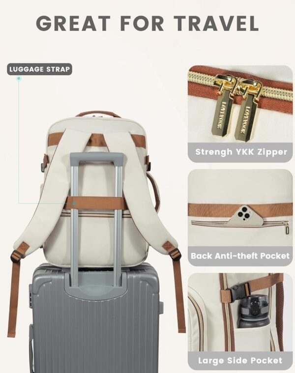 LOVEVOOK Travel Backpack Women, Flight Approved Carry On with 17.3inch Laptop Compartment, Personal Item with 3 Packing Cubes, Perfect for College, Hiking, Overnight - Beige - Image 7