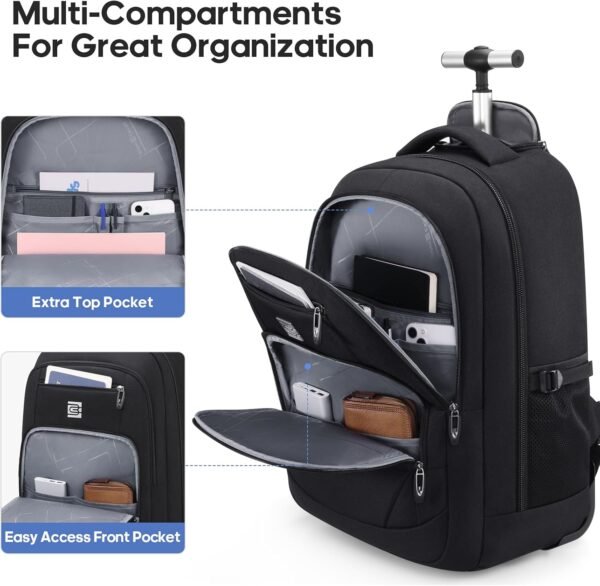 Rolling Backpack,16inch Wheeled Laptop Backpack, Carry on Underseat Bag with Wheels, Overnight Weekender Small Travel Suitcase for Men Women - Image 3