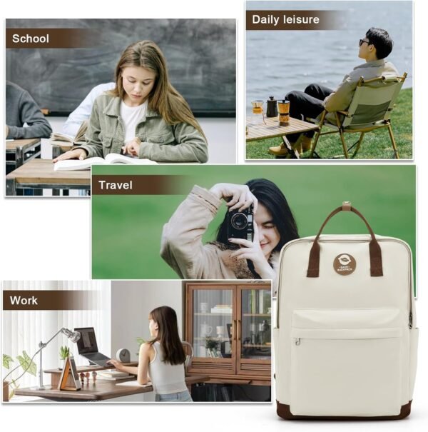 College Bakcpacks For Women High School Backpack Casual Daypack Gym Backpack Waterproof Small Travel Backpack School Bag For Teens Girls Boys(White With Brown) - Image 5