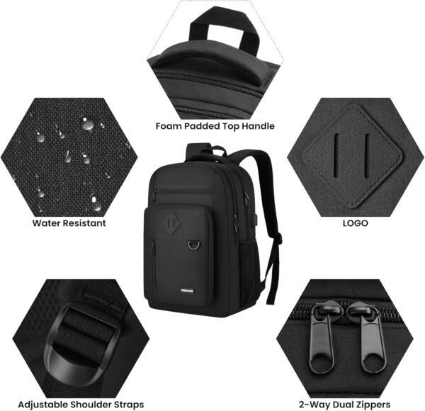 Backpack for Men and Women, Casual School Backpack Teen Boys and Girls Lightweight 15.6 Inch Laptop Bookbag with USB Charger for College Work Travel (Black) - Image 3