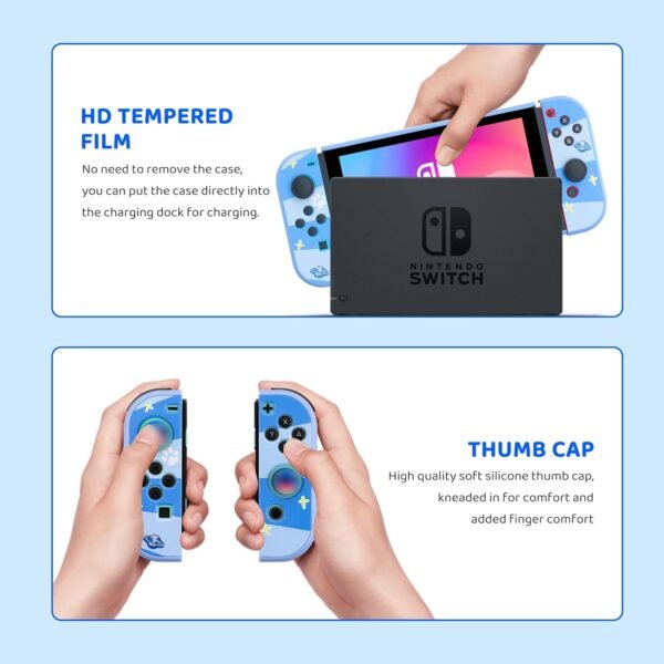 RHOTALL 8 in 1 Cute Travel Carrying Case for Nintendo Switch,Hard Shell Portable Carry Case with 10 Game Card Slots,Protector Cover,Screen Protectors,Strap,2 Thumb Caps for Boys Girls Kids -Blue stit - Image 4