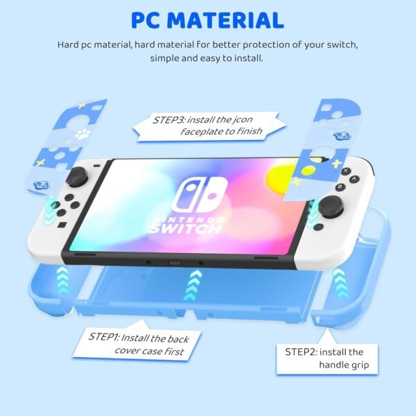 RHOTALL 8 in 1 Cute Travel Carrying Case for Nintendo Switch OLED,Hard Shell Portable Carry Case with 10 Game Card Slots,Protector Cover,Screen Protector,Strap,2 Thumb Caps for Boy Girl Kid -Blue stit - Image 3