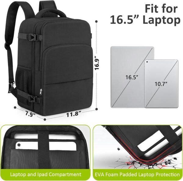 Travel Laptop Backpack, Carry On Backpack for Men Women Airline Approved, Large Waterproof College Business Work Hiking Casual Daypack Bag, Fits 16" Laptop, Black - Image 2