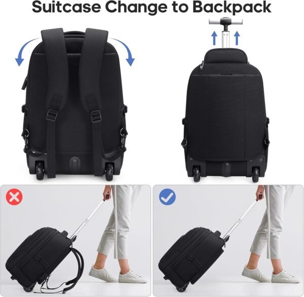 Rolling Backpack,16inch Wheeled Laptop Backpack, Carry on Underseat Bag with Wheels, Overnight Weekender Small Travel Suitcase for Men Women - Image 6