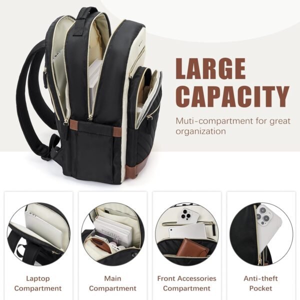 BOSTANTEN 15.6 Inch Laptop Backpack for Women- College Teacher Computer Bag Travel Backpack Purse with USB Charging Port Brown＆Black - Image 2