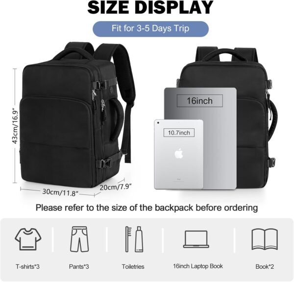 Backpack for Men Women, Black Backpack for Traveling on Airplane, Weekender Carry on Backpack Bag, Personal Item Backpack Flight-approved - Image 3