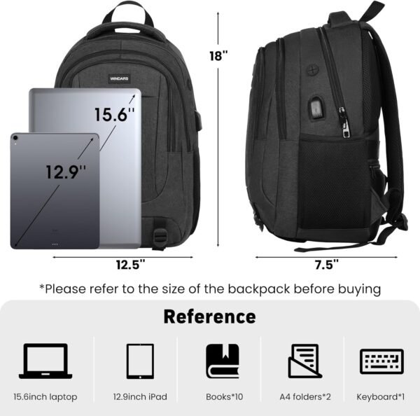 Backpack for Men and Women, School Backpacks for Teens Boys, 15.6 Inch Large College Bookbag Durable Computer Laptop Bag with USB Charger Port for Business Work Travel, Black - Image 3