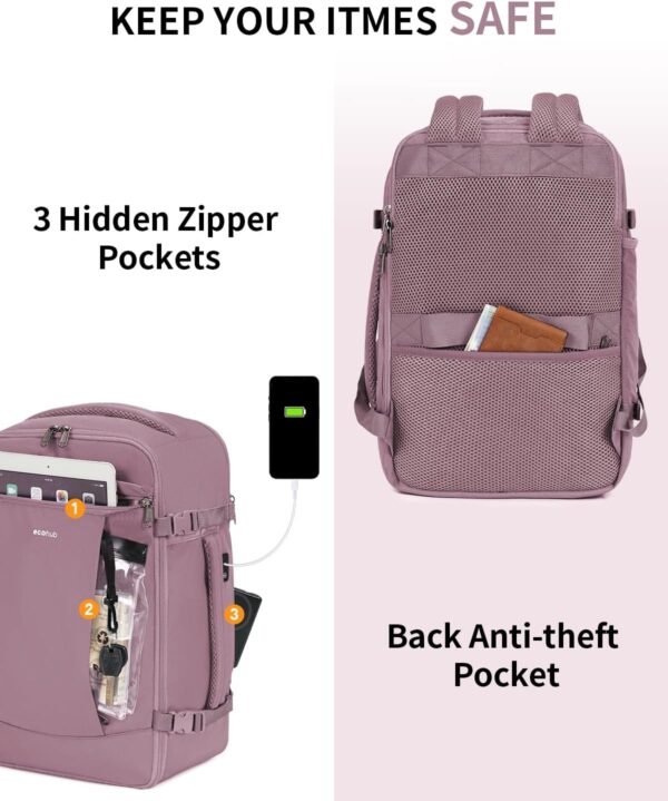 ECOHUB Travel Backpack for Women, Carry on Backpack with USB Charging Hole, Spirit Airlines Personal Item Bag Flight Approved, 15.6 Inch Laptop Backpack with Anti Theft Pockets, 30L, Pink - Image 4