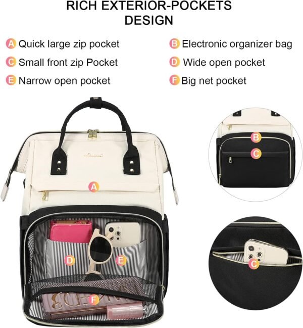 LOVEVOOK Backpack Purse for Women, Fits 15.6 Inch Laptop Backpacks with USB Port, Waterproof Travel Work Computer Business Bag, Fashion Casual Daypack Backpack, White-black - Image 5