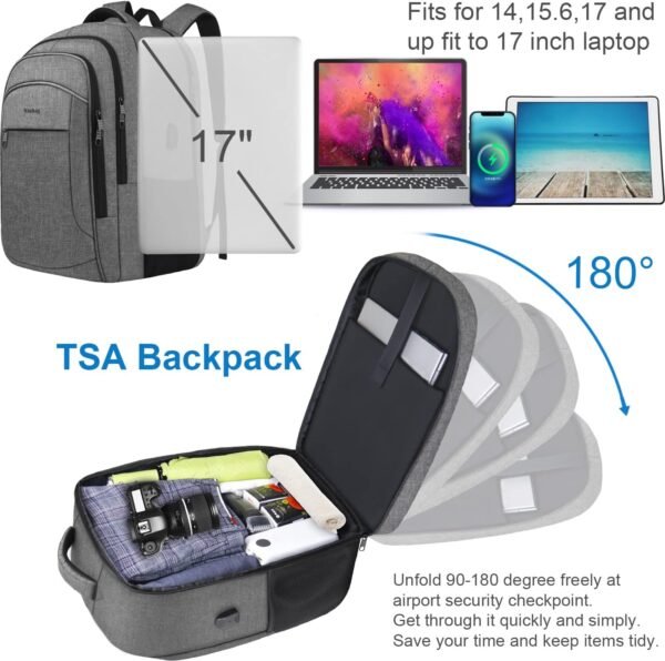 Naukay Carry on Backpack, Travel Laptop Backpack, TSA 17.3 Inch Extra Large Laptop Backpack for Women Men, Water Resistant Business Backpack Backpack with USB Charging Port, Grey - Image 4