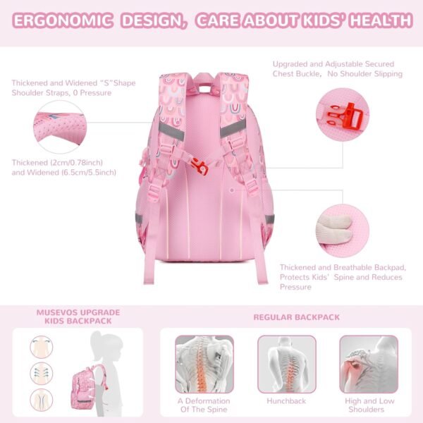 Kids Backpack, Kawaii Printed Girls Bookbags for Preschool, Lightweight School Backpack for Primary and Elementary and Kindergarten, Waterproof Teen Backpacks, Pink/Rainbow - Image 4