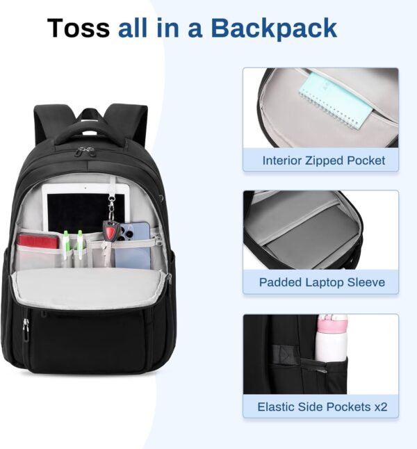 Lightweight Backpack for School, Classic College Backpack Multiple-pocket Bookbag for Teen Boys Girls Travel Backpack with Luggage Strap for Women Men, Black - Image 9