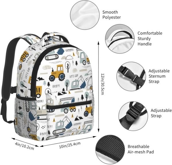 Toddler Backpack for Boys Age 3-8 Kids Construction Truck Excavator Bookbag for Kindergarten Preschool Water Resistance Cute Mini Small Simple Travel Daypack (White) - Image 2