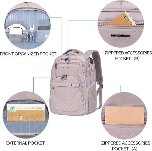 KROSER Travel Laptop Backpack 17 Inch Large Computer Backpack Water-Repellent Daypack with USB Charging Port & Headphone Interface RFID Pockets for Work/Business/College/Men/Women Dusty Pink(Quilted) - Image 2