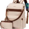 LOVEVOOK Laptop Backpack Women,15.6 Inch Convertible Backpack Purse for Women with USB Port,Fashion Teacher Nurse Bag Work Backpack with Cute Wristlet Bag for Travel Commute,Beige Brown
