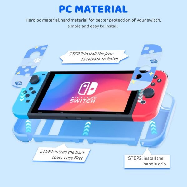 RHOTALL 8 in 1 Cute Travel Carrying Case for Nintendo Switch,Hard Shell Portable Carry Case with 10 Game Card Slots,Protector Cover,Screen Protectors,Strap,2 Thumb Caps for Boys Girls Kids -Blue stit - Image 3