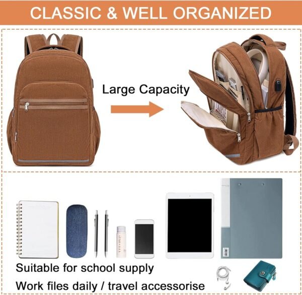Bluboon Backpack for Women 15.6 Inch Laptop Bookbag College School Backpack Girls Schoolbag Compartment Daypack for Business Travel with USB Charging Port（Corduroy Coffee - Image 3