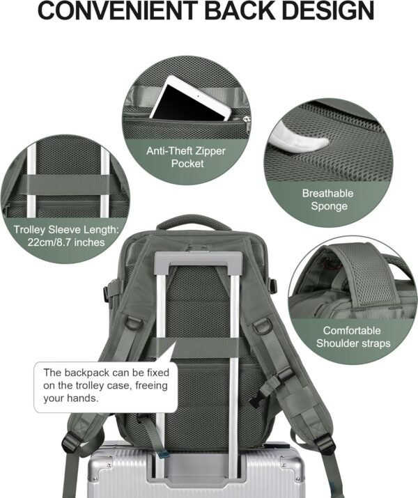 VECAVE Carry On Backpack for Women,Large Travel Backpack Flight Approved,Waterproof 17 Inch Laptop Backpack Business Work Backpacks Men Mochila De Viaje DarkGreen - Image 6