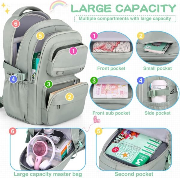 School Backpack for Kids Girls Cute Travel Backapck for College Women Men Casual Laptop Bookbag for Teen Student(Green) - Image 5