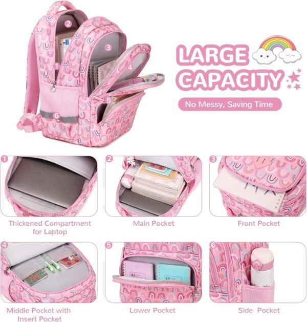 Kids Backpack, Kawaii Printed Girls Bookbags for Preschool, Lightweight School Backpack for Primary and Elementary and Kindergarten, Waterproof Teen Backpacks, Pink/Rainbow - Image 6