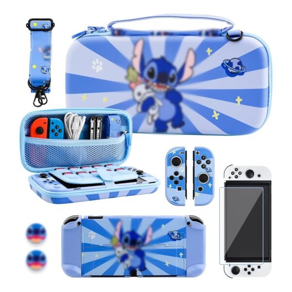 RHOTALL 8 in 1 Cute Travel Carrying Case for Nintendo Switch OLED,Hard Shell Portable Carry Case with 10 Game Card Slots,Protector Cover,Screen Protector,Strap,2 Thumb Caps for Boy Girl Kid -Blue stit
