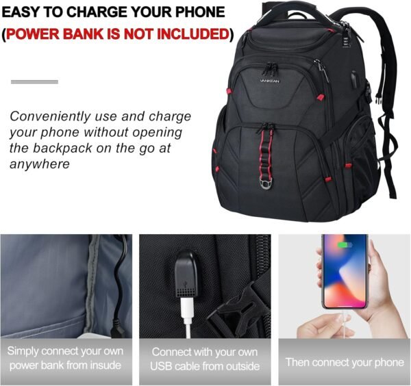 VANKEAN 17.3'' Travel Laptop Backpack TSA Friendly, Water Resistant Anti Theft Extra Large College Backpacks with RFID Pockets, USB Port for Men Women Business Work Bag, Black - Image 7