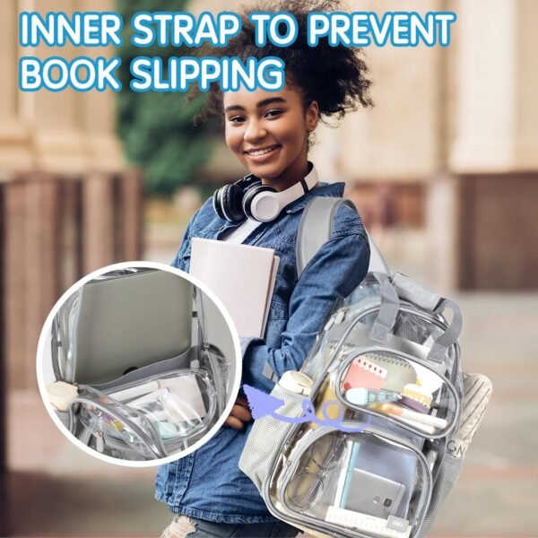 deli Clear Backpack for School, Heavy Duty PVC Transparent Bookbag for Boys and Girls, See Through Backpack for College Work Travel, Grey - Image 7