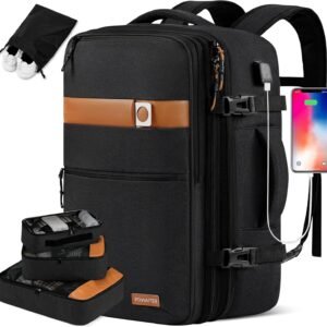 POWAITER Travel Backpack for Women Men, Large Expandable Carry on Backpack Flight Approved with 4 Packing Cubes & Luggage Tag, Fits 17 Inch Laptop -Black