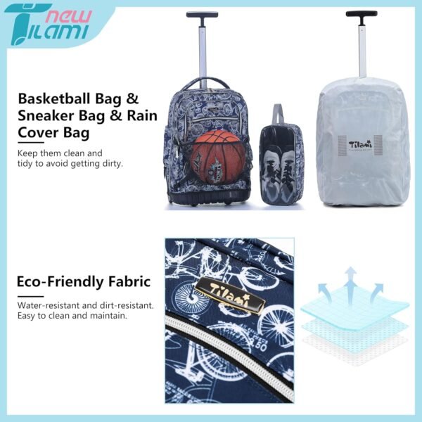 NEW TILAMI Rolling Backpack 19 inch Teens Rolling Backpack Cute Wheeled Computer Laptop Backpack Bookbag Roller Travel Bag College with Sneakers Bag, Bicycle Blue - Image 7