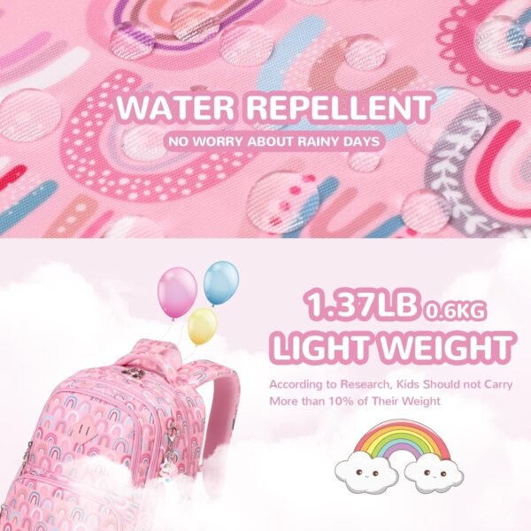 Kids Backpack, Kawaii Printed Girls Bookbags for Preschool, Lightweight School Backpack for Primary and Elementary and Kindergarten, Waterproof Teen Backpacks, Pink/Rainbow - Image 5