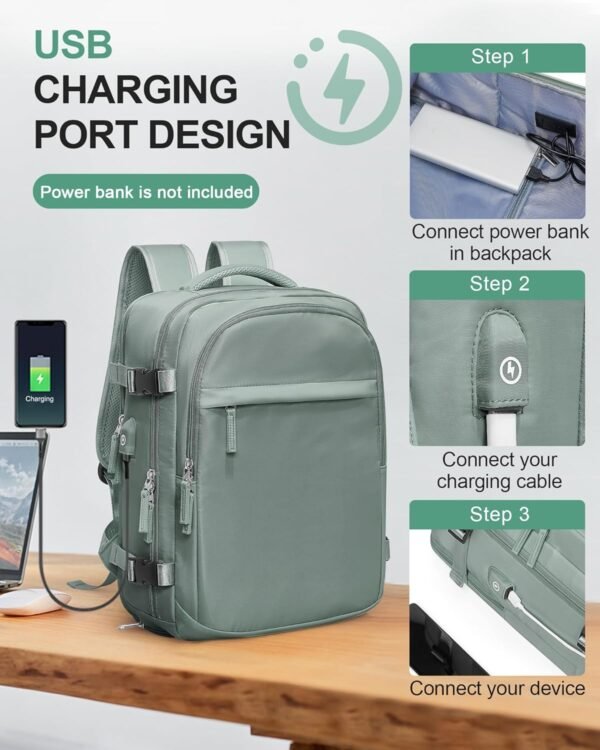 VGCUB Large Travel Backpack for Women Men,Waterproof Laptop Carry on Backpack,Personal Item Size Airline Approved Work Backpack Casual Daypack Rucksack with Shoe Compartment,Green - Image 3