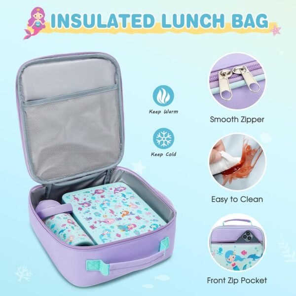 3PCS School Backpack for Girls, Kids Backpack for Girls with Lunch Box Pencil Case, Cute Kawaii Mermaid Backpack for Girls, Schoolbag Bookbag for Kindergarten Elementary Middle High School - Image 5