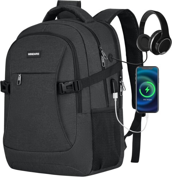 Travel Laptop Backpack, 15.6 Inch Large School Backpacks for Teens Boys, Water Resistant Business Men Computer Bag Durable Women Back Pack with USB Charging Port for College Work, Black