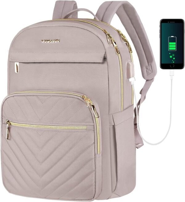 VANKEAN 15.6 Inch Laptop Backpack for Women Work Bag Fashion with USB Port, Waterproof Stylish Travel Bags Casual Daypacks for College, Business, Light Dusty Pink