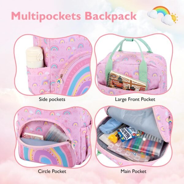 mommore Kids Backpack Girls, Durable Large Toddler Bookbag with Double Handles, Water Resistant Rainbow Backpack with Chest Strap for Preschool Kindergarten Travel - Image 2