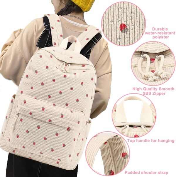 School Backpack for Teen Girls Bookbags Elementary High School Corduroy Laptop Bags Women Travel Daypacks (Strawberry Beige) - Image 3